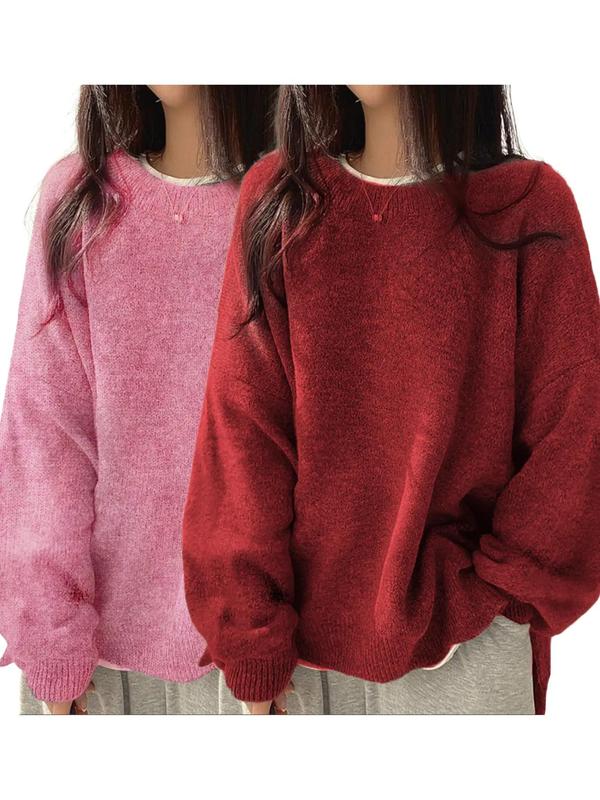 Women'S Drop Shoulder Split Hem Sweater, Chic Casual Long Sleeve round Neck Jumper, Women'S Knitwear Top for Fall & Winter, Crewneck Sweaters for Women, Tops for Women, Womenswear