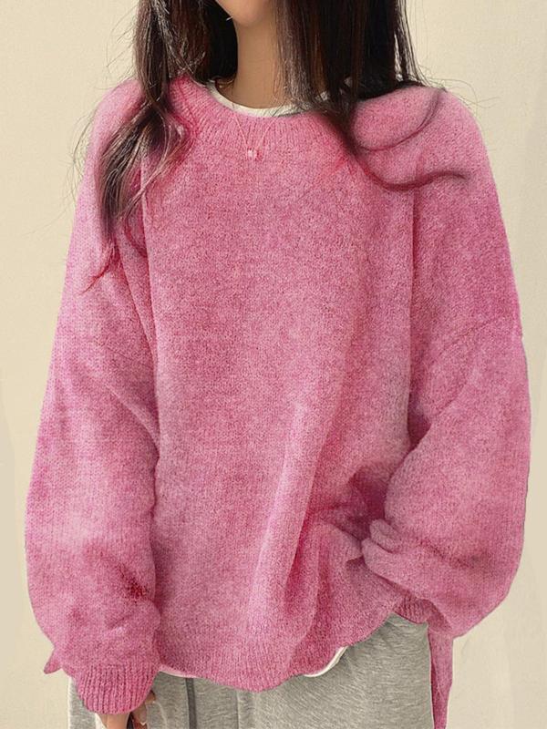 Women'S Drop Shoulder Split Hem Sweater, Chic Casual Long Sleeve round Neck Jumper, Women'S Knitwear Top for Fall & Winter, Crewneck Sweaters for Women, Tops for Women, Womenswear