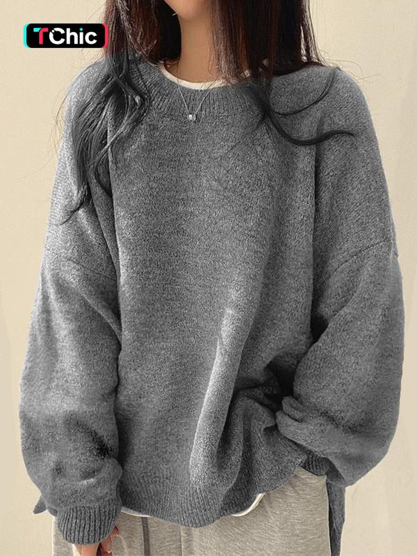 Women'S Drop Shoulder Split Hem Sweater, Chic Casual Long Sleeve round Neck Jumper, Women'S Knitwear Top for Fall & Winter, Crewneck Sweaters for Women, Tops for Women, Womenswear