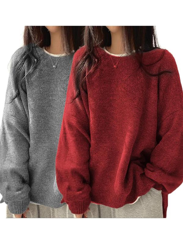 Women'S Drop Shoulder Split Hem Sweater, Chic Casual Long Sleeve round Neck Jumper, Women'S Knitwear Top for Fall & Winter, Crewneck Sweaters for Women, Tops for Women, Womenswear