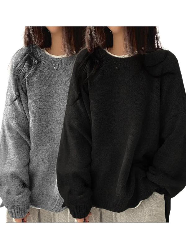 Women'S Drop Shoulder Split Hem Sweater, Chic Casual Long Sleeve round Neck Jumper, Women'S Knitwear Top for Fall & Winter, Crewneck Sweaters for Women, Tops for Women, Womenswear