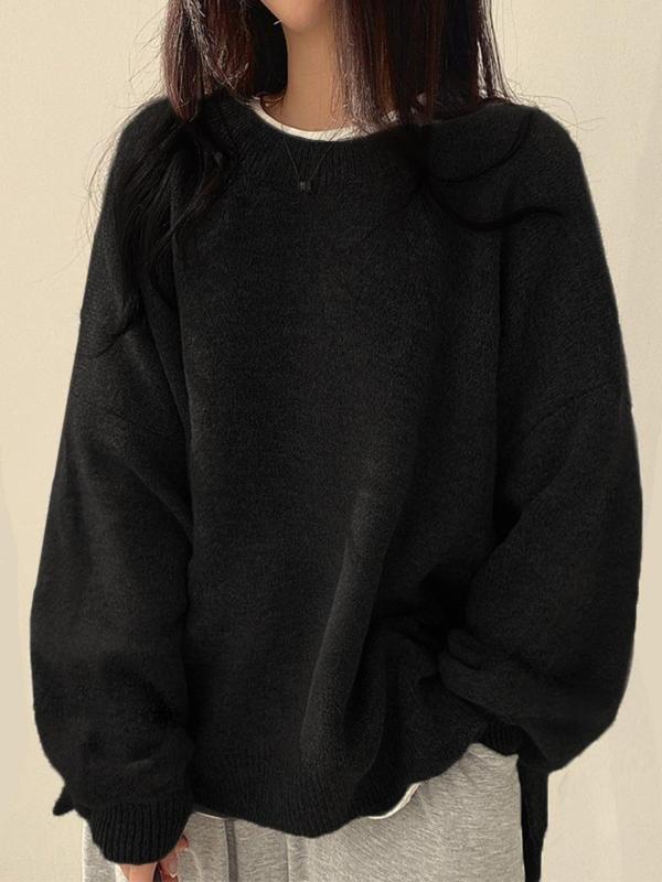 Women'S Drop Shoulder Split Hem Sweater, Chic Casual Long Sleeve round Neck Jumper, Women'S Knitwear Top for Fall & Winter, Crewneck Sweaters for Women, Tops for Women, Womenswear