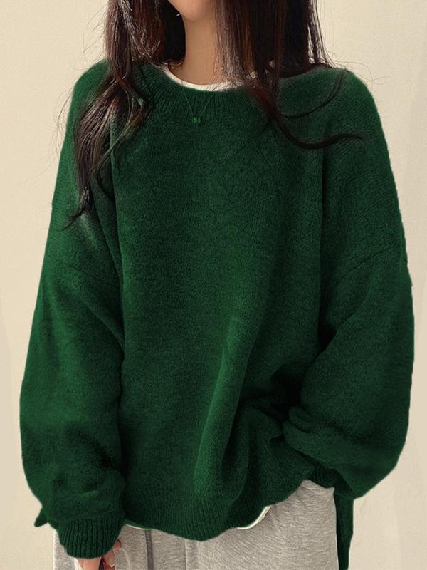 Women'S Drop Shoulder Split Hem Sweater, Chic Casual Long Sleeve round Neck Jumper, Women'S Knitwear Top for Fall & Winter, Crewneck Sweaters for Women, Tops for Women, Womenswear