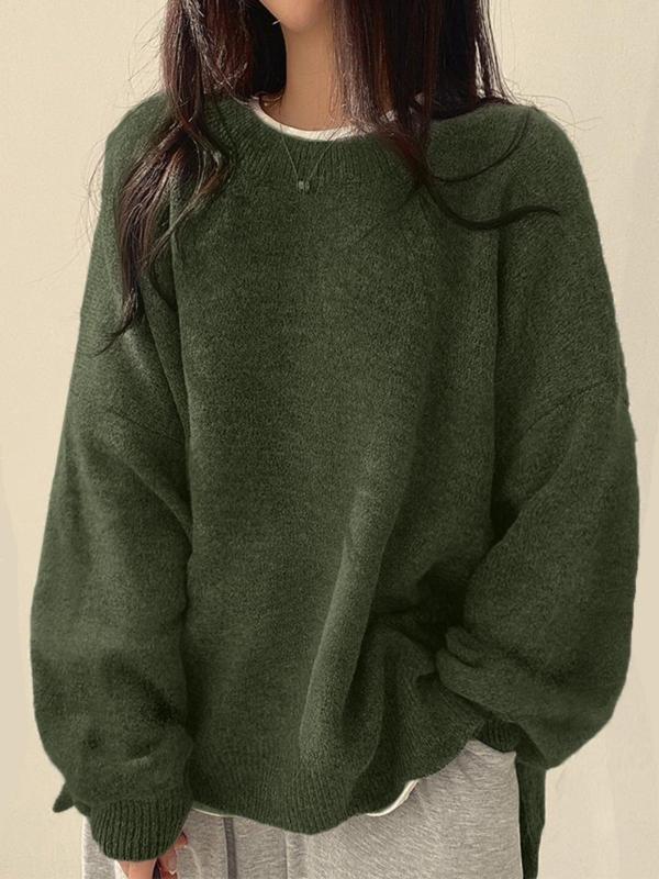 Women'S Drop Shoulder Split Hem Sweater, Chic Casual Long Sleeve round Neck Jumper, Women'S Knitwear Top for Fall & Winter, Crewneck Sweaters for Women, Tops for Women, Womenswear