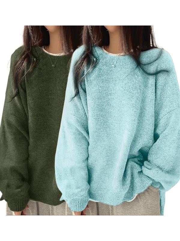 Women'S Drop Shoulder Split Hem Sweater, Chic Casual Long Sleeve round Neck Jumper, Women'S Knitwear Top for Fall & Winter, Crewneck Sweaters for Women, Tops for Women, Womenswear