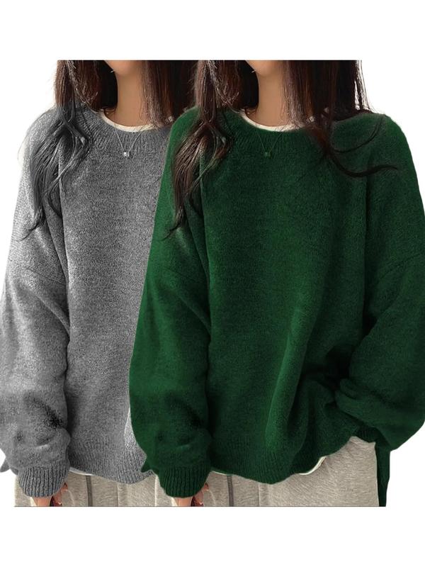 Women'S Drop Shoulder Split Hem Sweater, Chic Casual Long Sleeve round Neck Jumper, Women'S Knitwear Top for Fall & Winter, Crewneck Sweaters for Women, Tops for Women, Womenswear