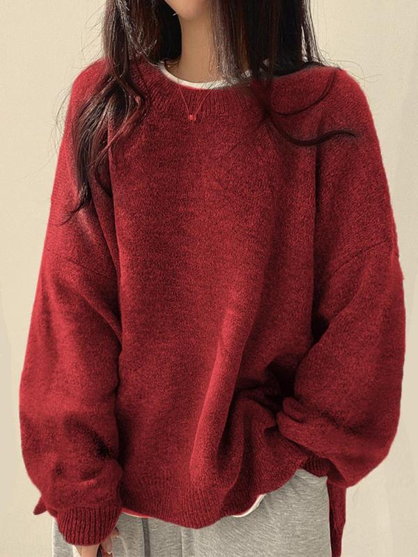 Women'S Drop Shoulder Split Hem Sweater, Chic Casual Long Sleeve round Neck Jumper, Women'S Knitwear Top for Fall & Winter, Crewneck Sweaters for Women, Tops for Women, Womenswear
