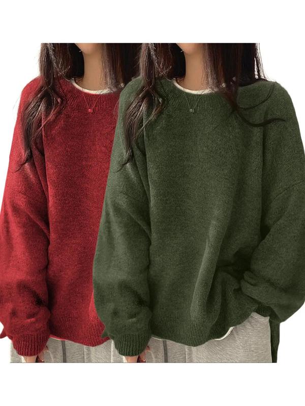 Women'S Drop Shoulder Split Hem Sweater, Chic Casual Long Sleeve round Neck Jumper, Women'S Knitwear Top for Fall & Winter, Crewneck Sweaters for Women, Tops for Women, Womenswear