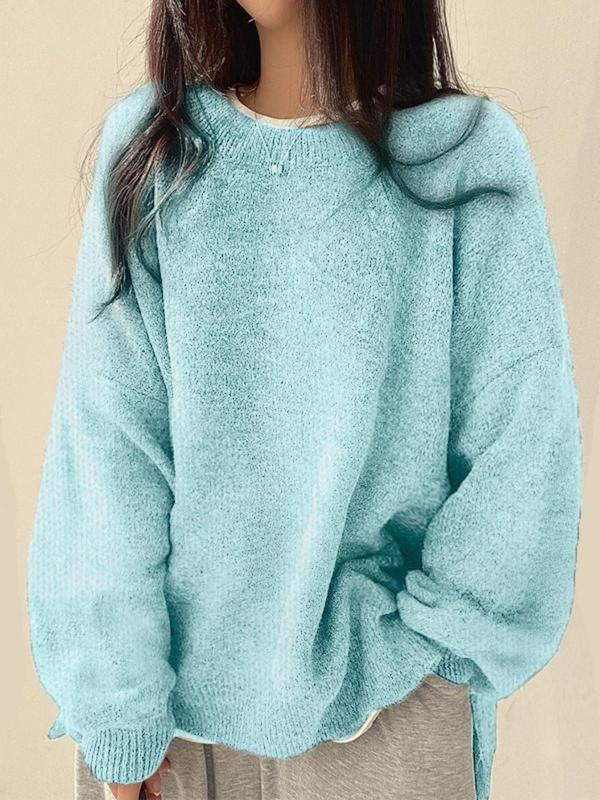 Women'S Drop Shoulder Split Hem Sweater, Chic Casual Long Sleeve round Neck Jumper, Women'S Knitwear Top for Fall & Winter, Crewneck Sweaters for Women, Tops for Women, Womenswear