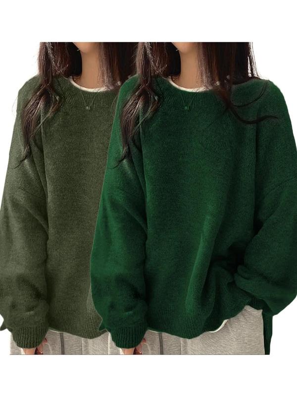 Women'S Drop Shoulder Split Hem Sweater, Chic Casual Long Sleeve round Neck Jumper, Women'S Knitwear Top for Fall & Winter, Crewneck Sweaters for Women, Tops for Women, Womenswear